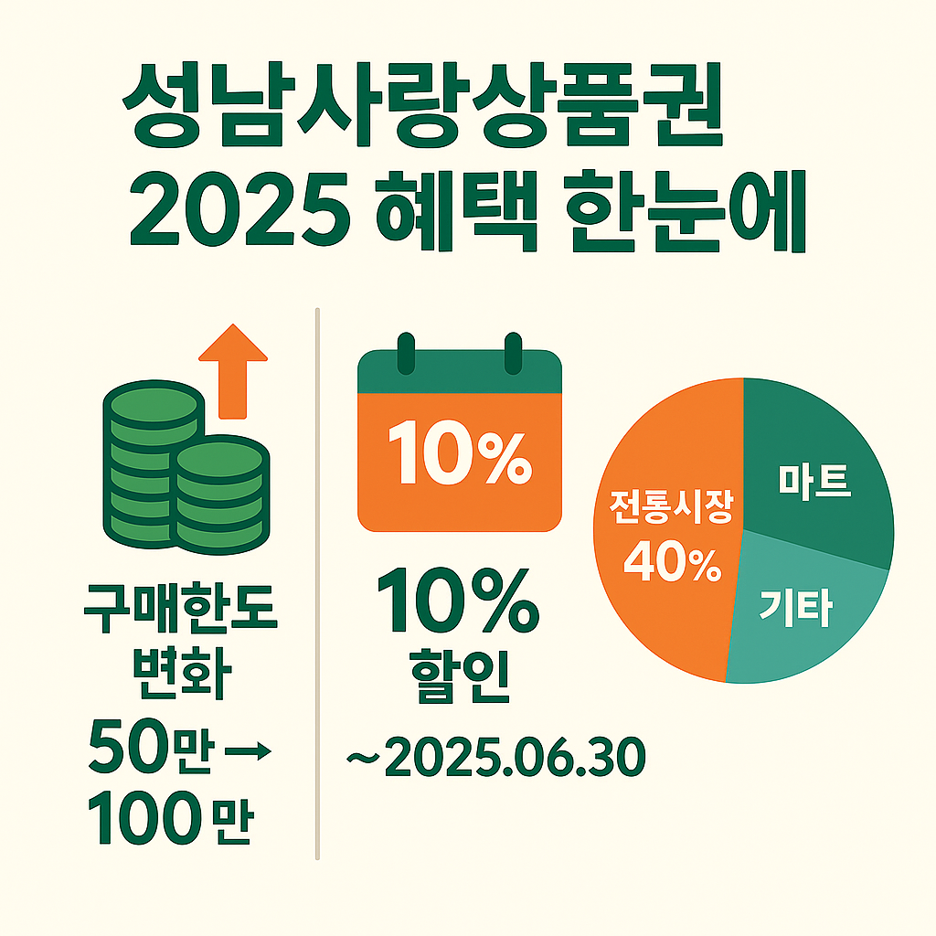 2025 성남사랑상품권 할인·한도·가맹점 인포그래픽 (전통시장 40 %, 서비스점 20 %, 마트 20 %, 기타 15 %)