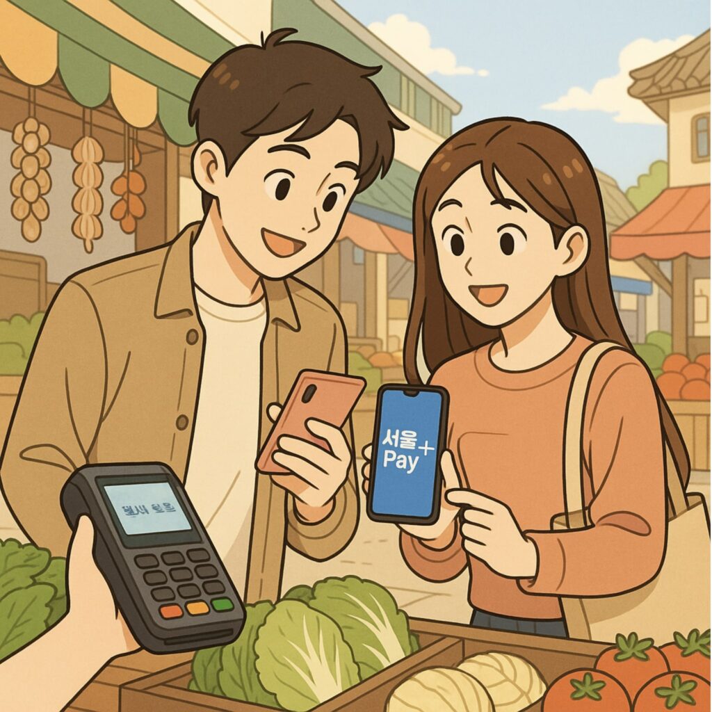 서울사랑상품권 앱을 사용하는 이미지
전통시장에서 서울Pay+ 앱으로 결제하는 20대 커플