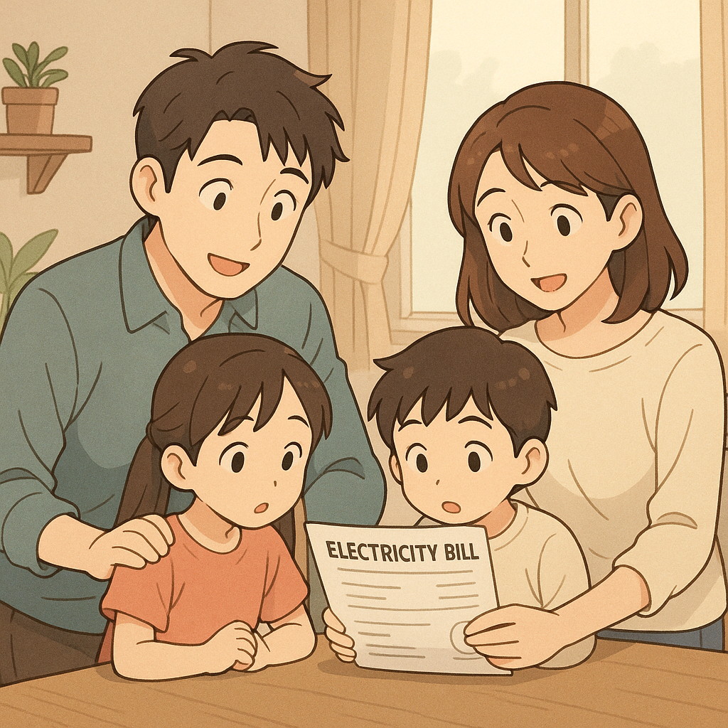 전기요금 감면 관련 이미지
가정에서 전기요금 고지서를 살펴보는 가족.