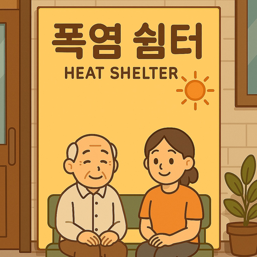 <마을 쉼터 또는 주민센터에 설치된 폭염 쉼터 안내 표지> - 폭염 대응 지원 관련 이미지
