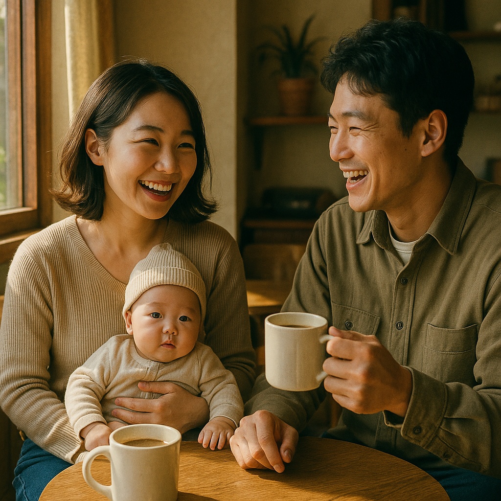 육아휴직 중 카페에서 웃는 부모 - 육아휴직 급여 인상 과련 이미지