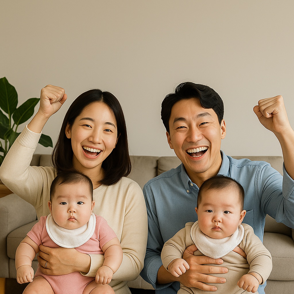 쌍둥이를 안고 있는 부모 - 저출산 지원금 관련 이미지