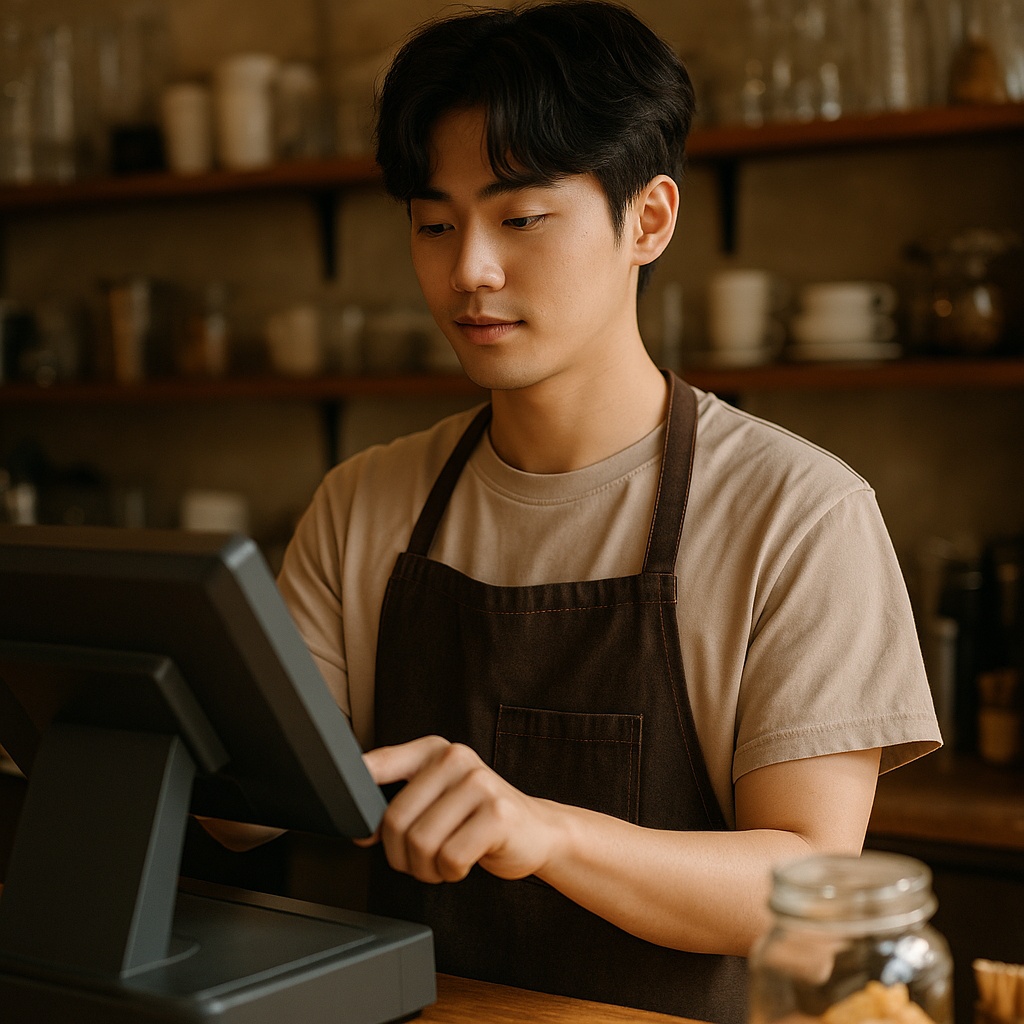 카페 아르바이트생이 POS에서 계산 중
