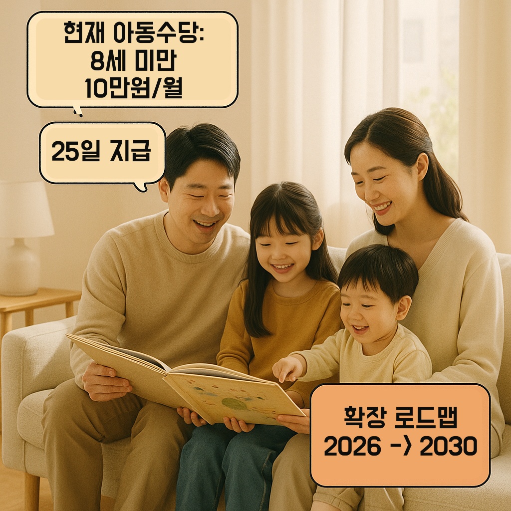 아동수당 확대 핵심 요약 인포컷: 만 8세 미만 월 10만원·신청 필수·확대 로드맵