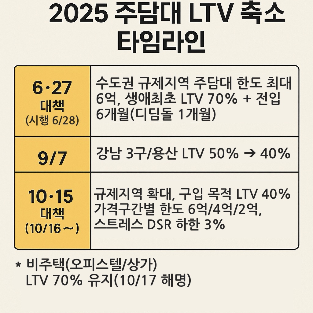 주담대 LTV 축소 타임라인: 6·27 대책과 10·15 대책 비교