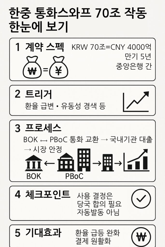 한중 통화스와프 70조 작동 구조와 가동 조건 인포그래픽